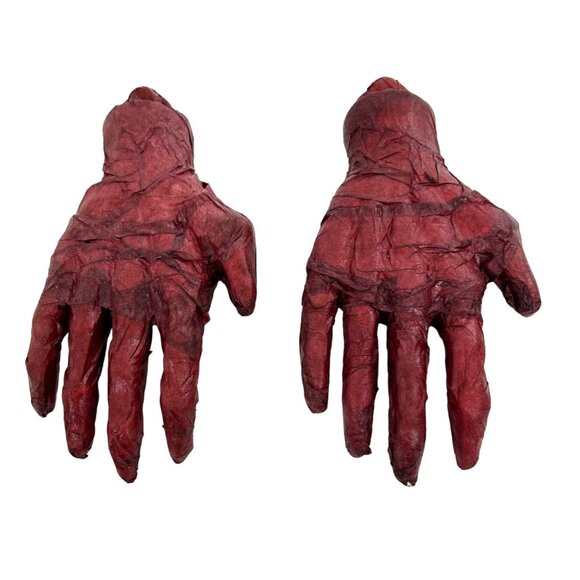 Zombie Hands Halloween Decorations Papier Mache Vtg Severed Red Bloody Set of 2 - Picture 1 of 8